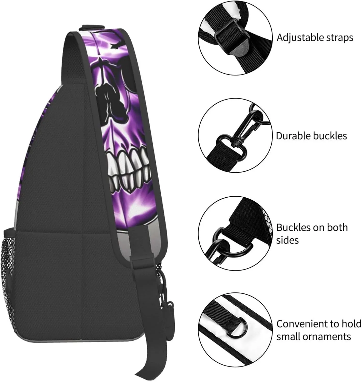 Purple Rose and Skull Print Sling Backpack, Sling Bag, Crossbody Chest Bag Daypack, for Hiking Travel