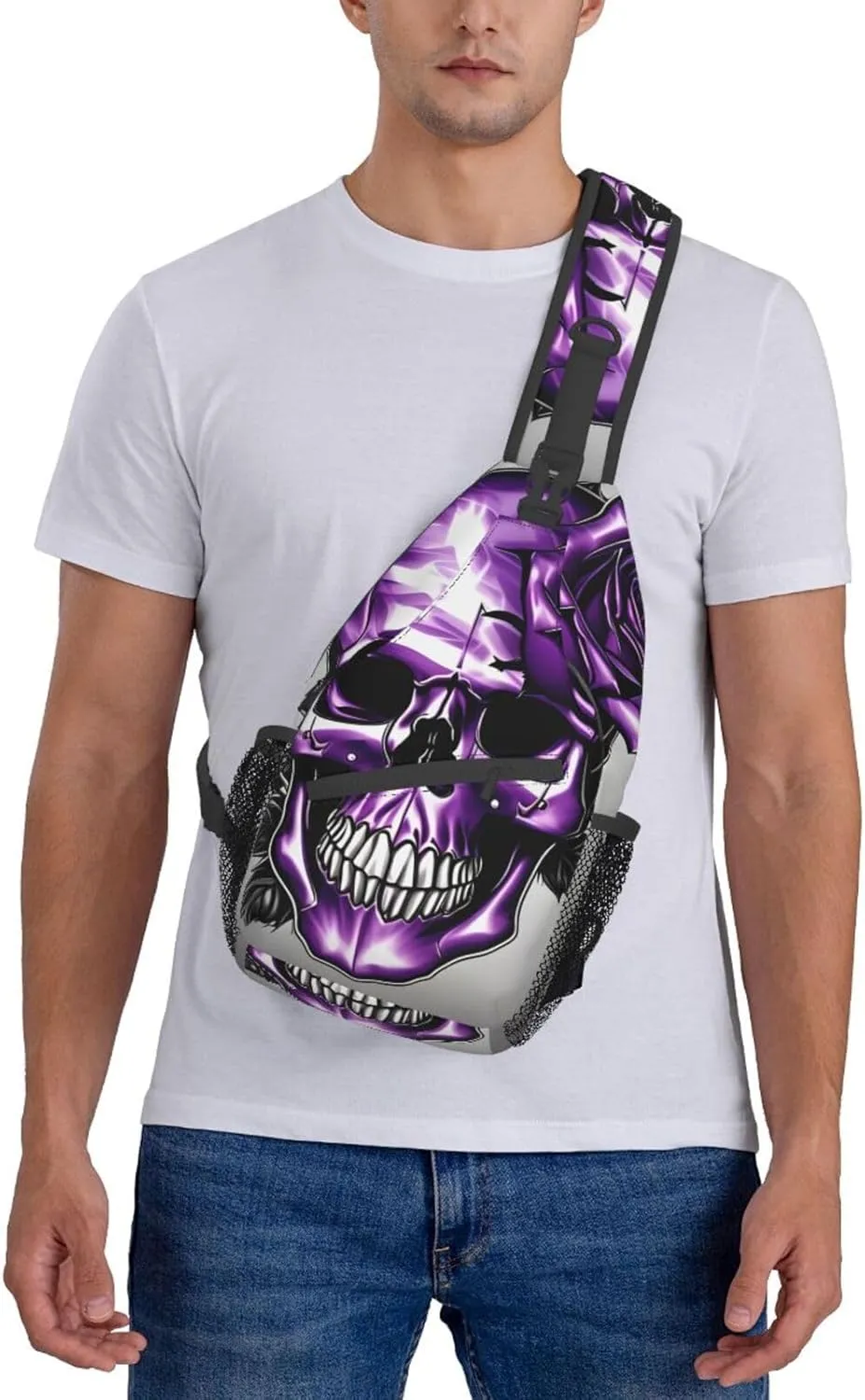 Purple Rose and Skull Print Sling Backpack, Sling Bag, Crossbody Chest Bag Daypack, for Hiking Travel