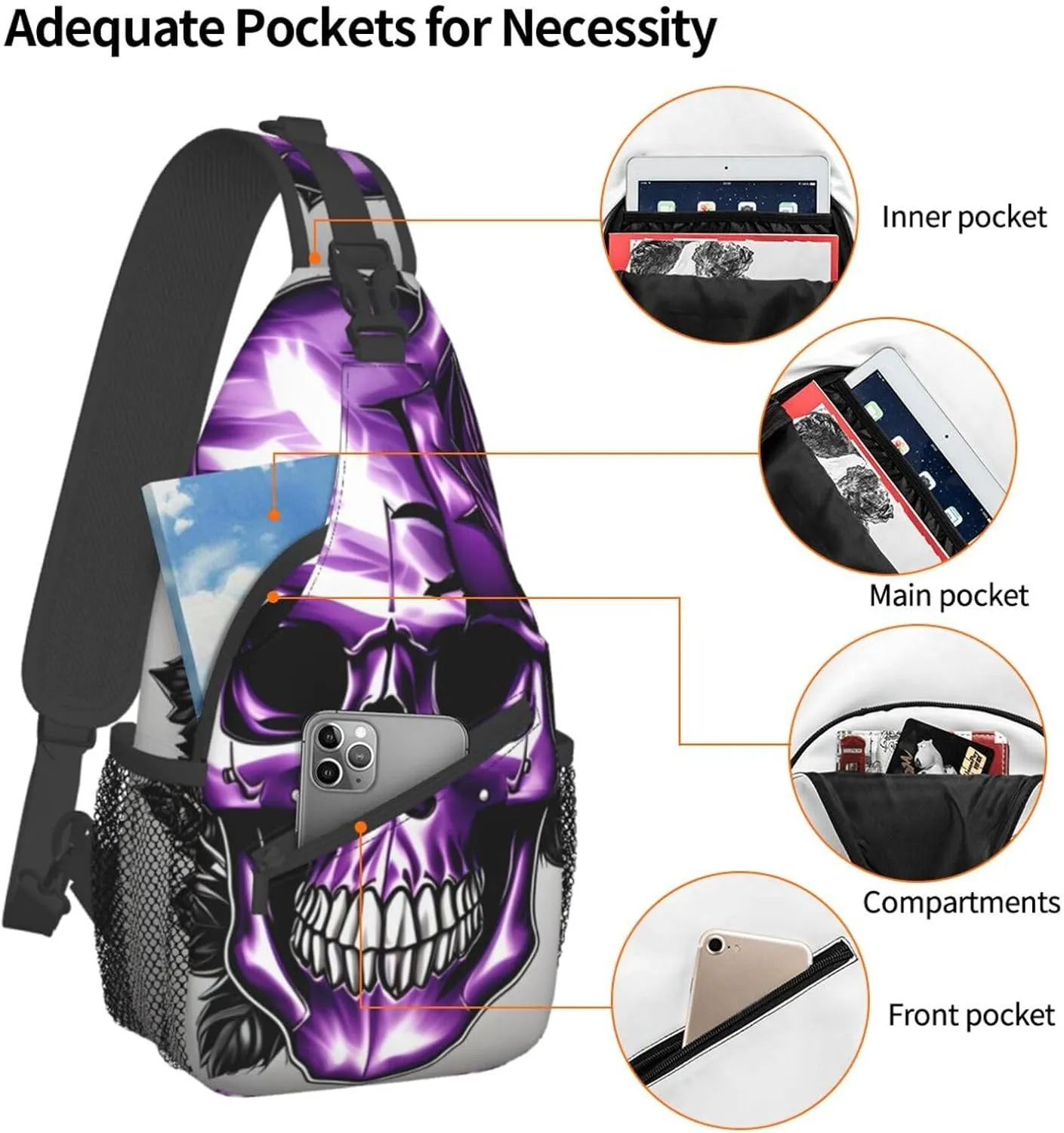 Purple Rose and Skull Print Sling Backpack, Sling Bag, Crossbody Chest Bag Daypack, for Hiking Travel
