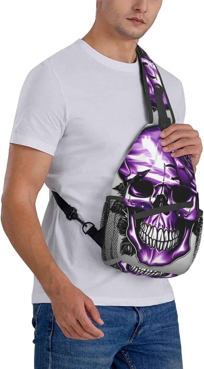 Purple Rose and Skull Print Sling Backpack, Sling Bag, Crossbody Chest Bag Daypack, for Hiking Travel