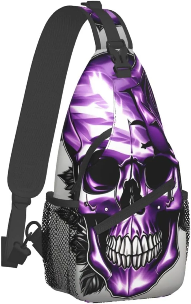 Purple Rose and Skull Print Sling Backpack, Sling Bag, Crossbody Chest Bag Daypack, for Hiking Travel
