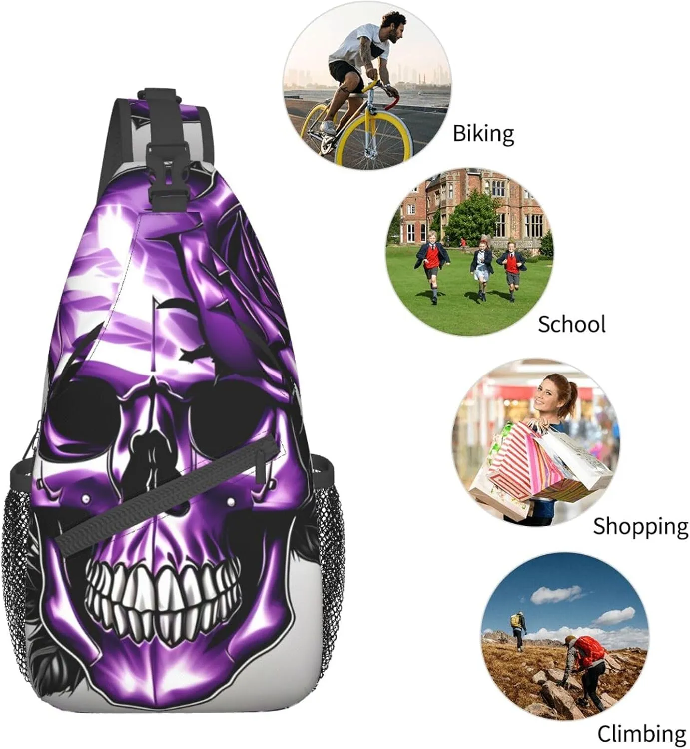 Purple Rose and Skull Print Sling Backpack, Sling Bag, Crossbody Chest Bag Daypack, for Hiking Travel
