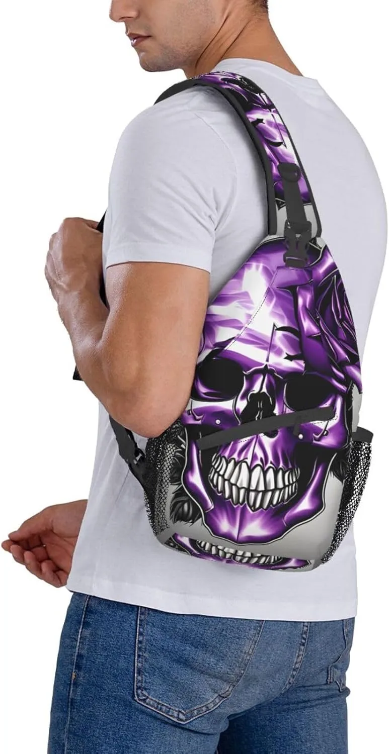 Purple Rose and Skull Print Sling Backpack, Sling Bag, Crossbody Chest Bag Daypack, for Hiking Travel