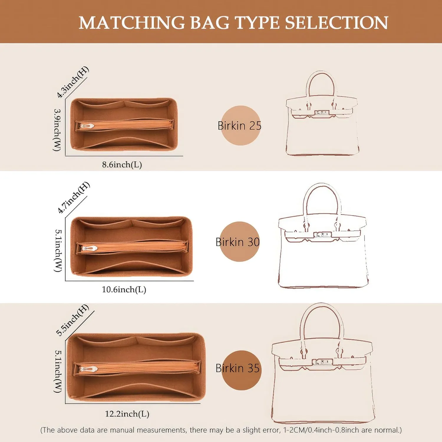 Purse Organizer Insert For Birkin 25 Bag, Felt Insert Organizer With Zipper, Large Capacity,Women’s Handbags Shaper (25,Beige)