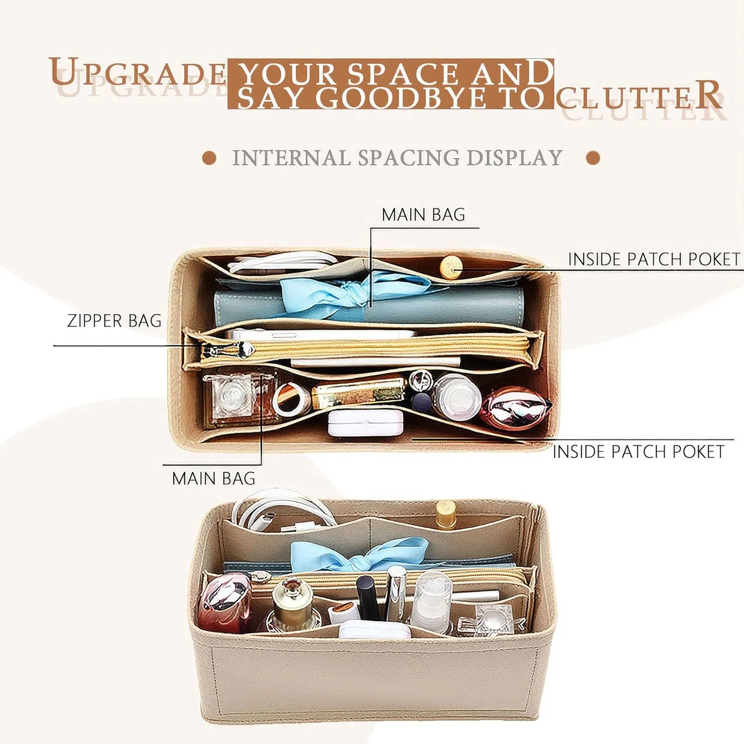 Purse Organizer Insert For Birkin 25 Bag, Felt Insert Organizer With Zipper, Large Capacity,Women’s Handbags Shaper (25,Beige)