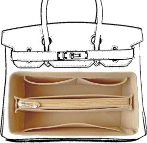 Purse Organizer Insert For Birkin 25 Bag, Felt Insert Organizer With Zipper, Large Capacity,Women’s Handbags Shaper (25,Beige)