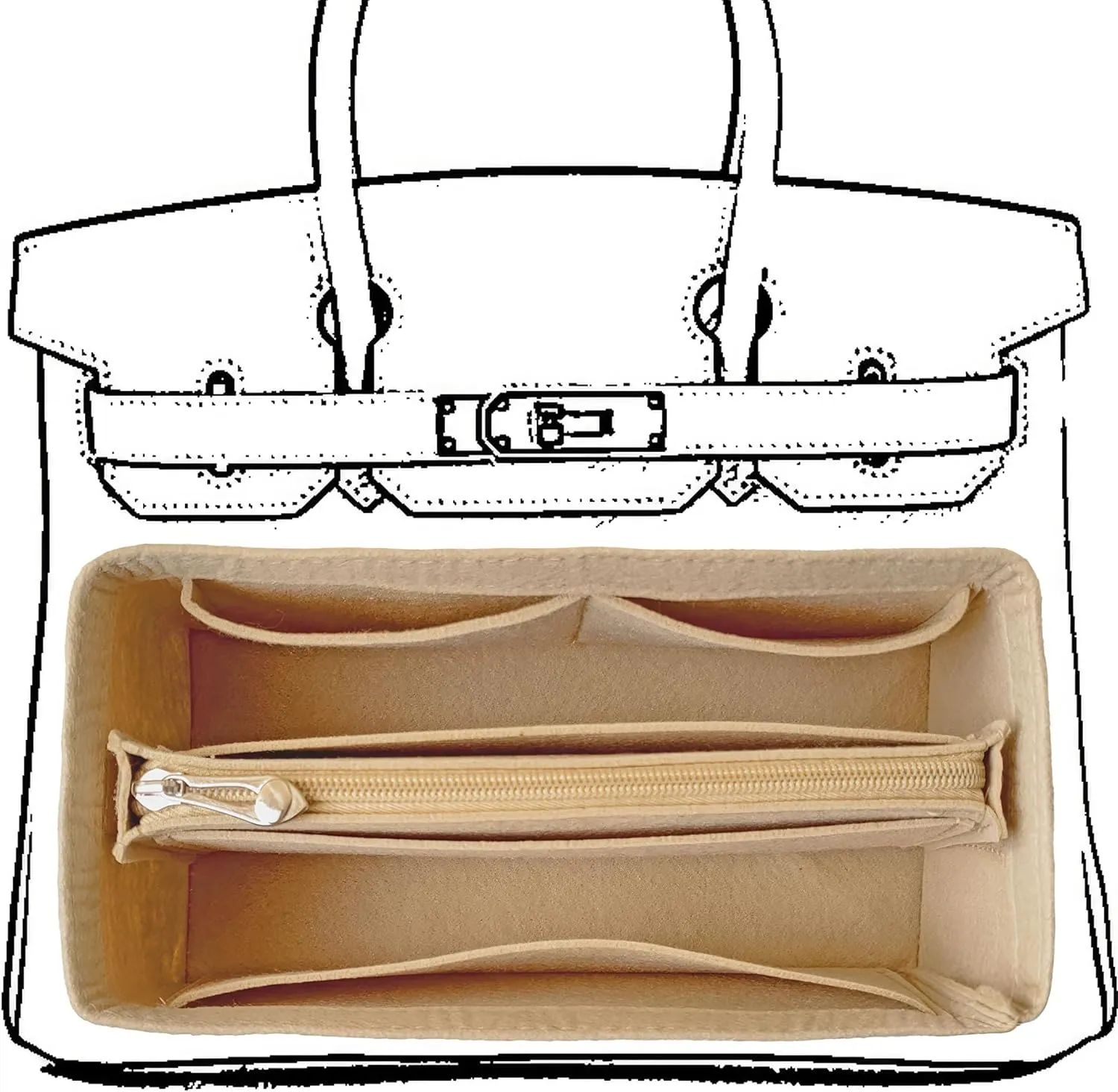 Purse Organizer Insert For Birkin 25 Bag, Felt Insert Organizer With Zipper, Large Capacity,Women’s Handbags Shaper (25,Beige)