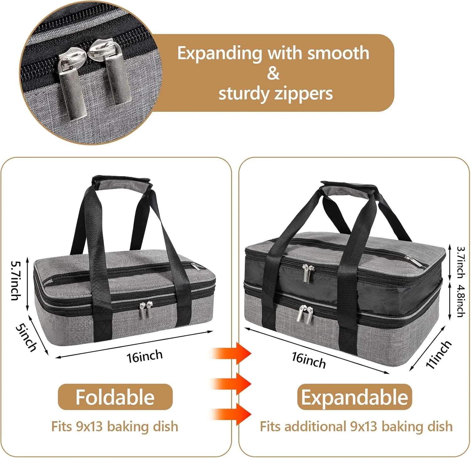 QEES Insulated Casserole Carriers for Hot or Cold Food,Double Decker Casserole Dish Bag Carrying Case,Expandable Food Carrier Warmer Container Bag For Travel Picnic Cookouts.Fits 9"x13" Baking Dish