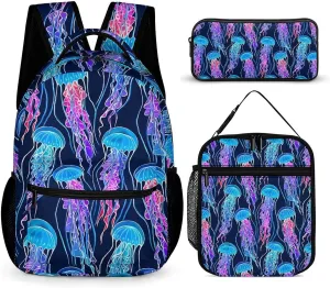 Rainbow Jellyfish Navy Blue Backpack Portable Meal Bag, Stationery Bag Set, Sturdy And Durable