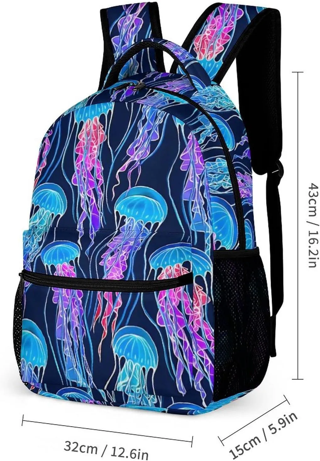 Rainbow Jellyfish Navy Blue Backpack Portable Meal Bag, Stationery Bag Set, Sturdy And Durable