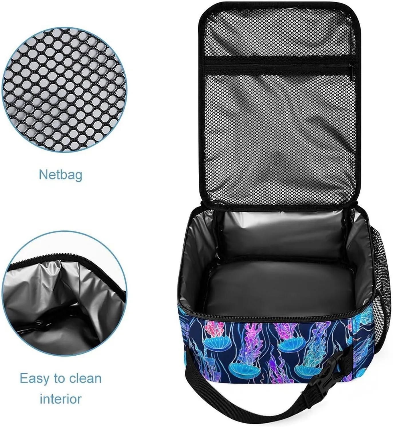Rainbow Jellyfish Navy Blue Backpack Portable Meal Bag, Stationery Bag Set, Sturdy And Durable