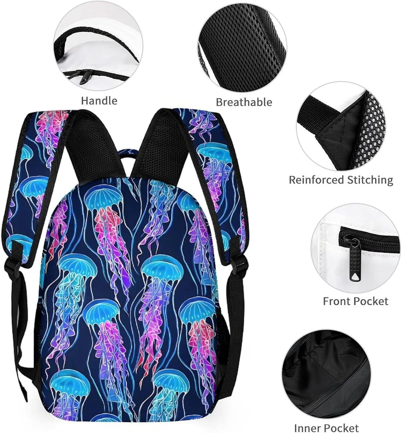Rainbow Jellyfish Navy Blue Backpack Portable Meal Bag, Stationery Bag Set, Sturdy And Durable
