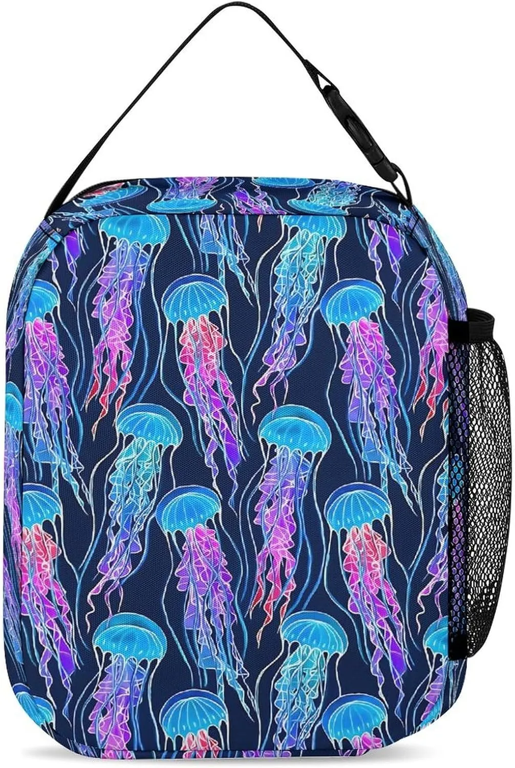 Rainbow Jellyfish Navy Blue Backpack Portable Meal Bag, Stationery Bag Set, Sturdy And Durable
