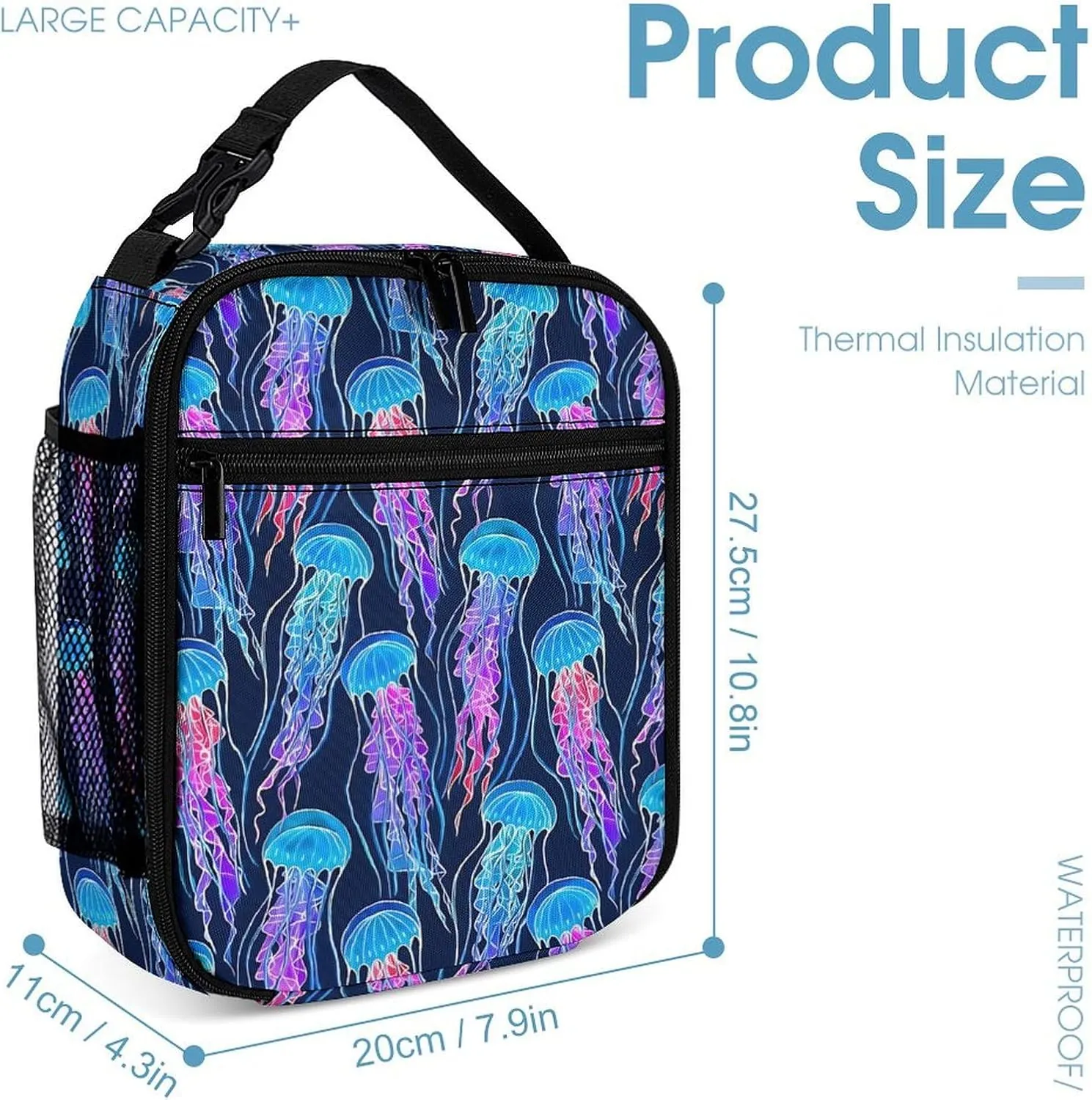 Rainbow Jellyfish Navy Blue Backpack Portable Meal Bag, Stationery Bag Set, Sturdy And Durable
