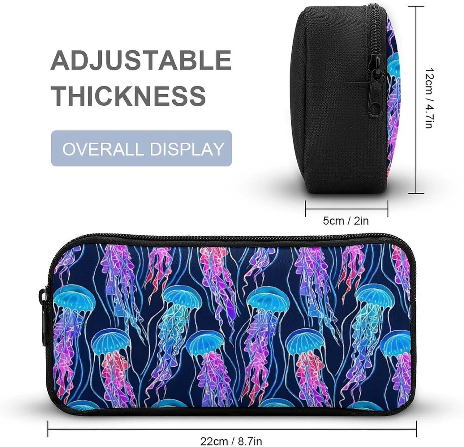 Rainbow Jellyfish Navy Blue Backpack Portable Meal Bag, Stationery Bag Set, Sturdy And Durable