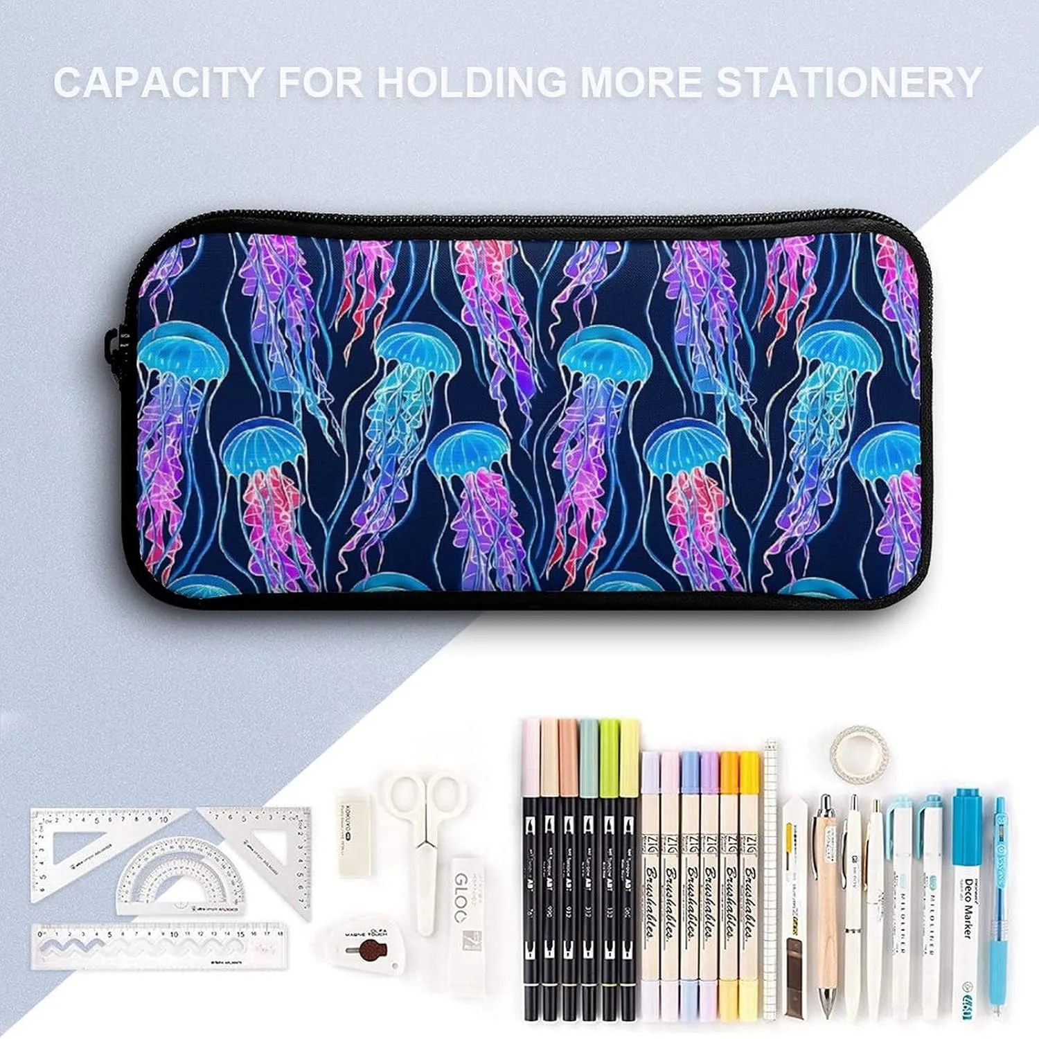 Rainbow Jellyfish Navy Blue Backpack Portable Meal Bag, Stationery Bag Set, Sturdy And Durable