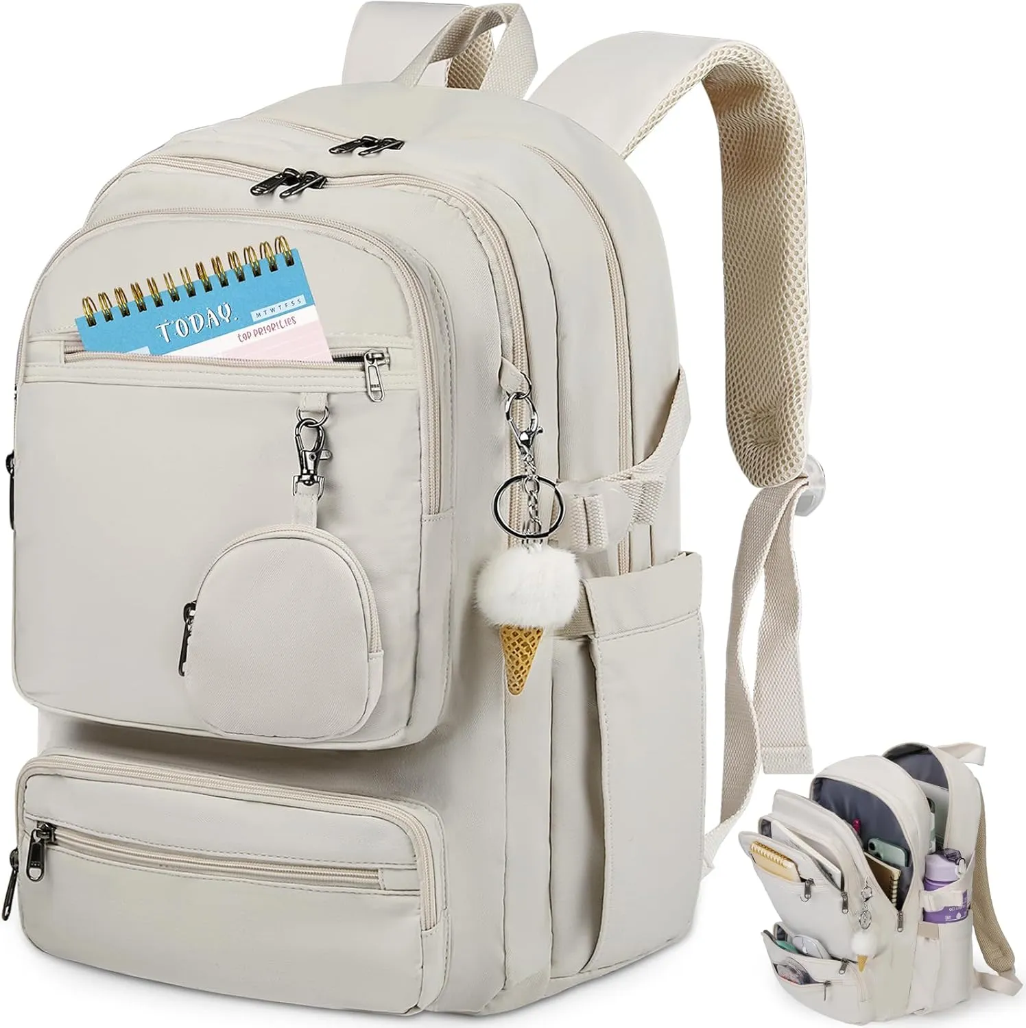RAINSMORE Laptop Backpack for Women Teen Girls Cute College Backpack 15.6 Inch Bookbag Casual Backpacks for Travel Work Commuter, Beige