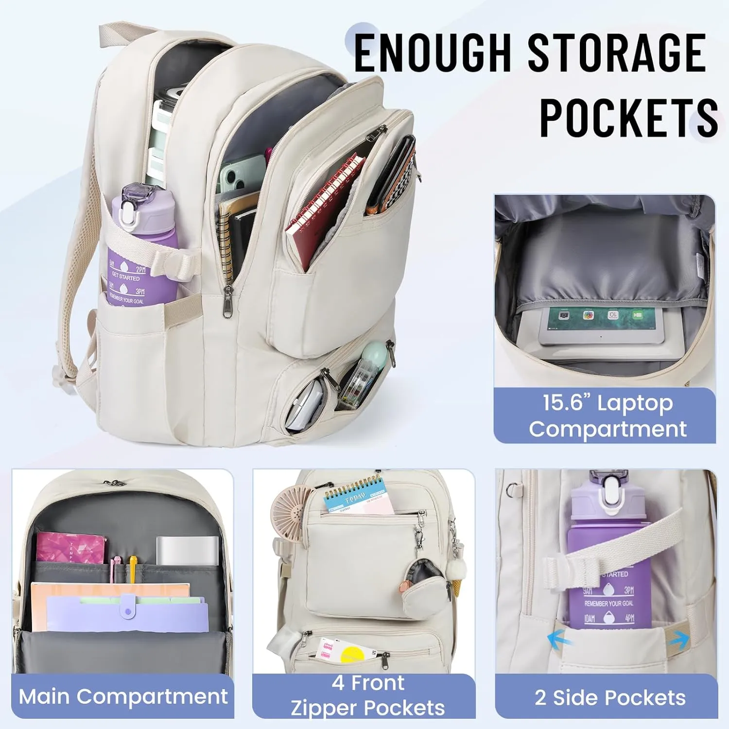 RAINSMORE Laptop Backpack for Women Teen Girls Cute College Backpack 15.6 Inch Bookbag Casual Backpacks for Travel Work Commuter, Beige