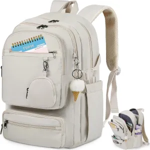 RAINSMORE Laptop Backpack for Women Teen Girls Cute College Backpack 15.6 Inch Bookbag Casual Backpacks for Travel Work Commuter, Beige