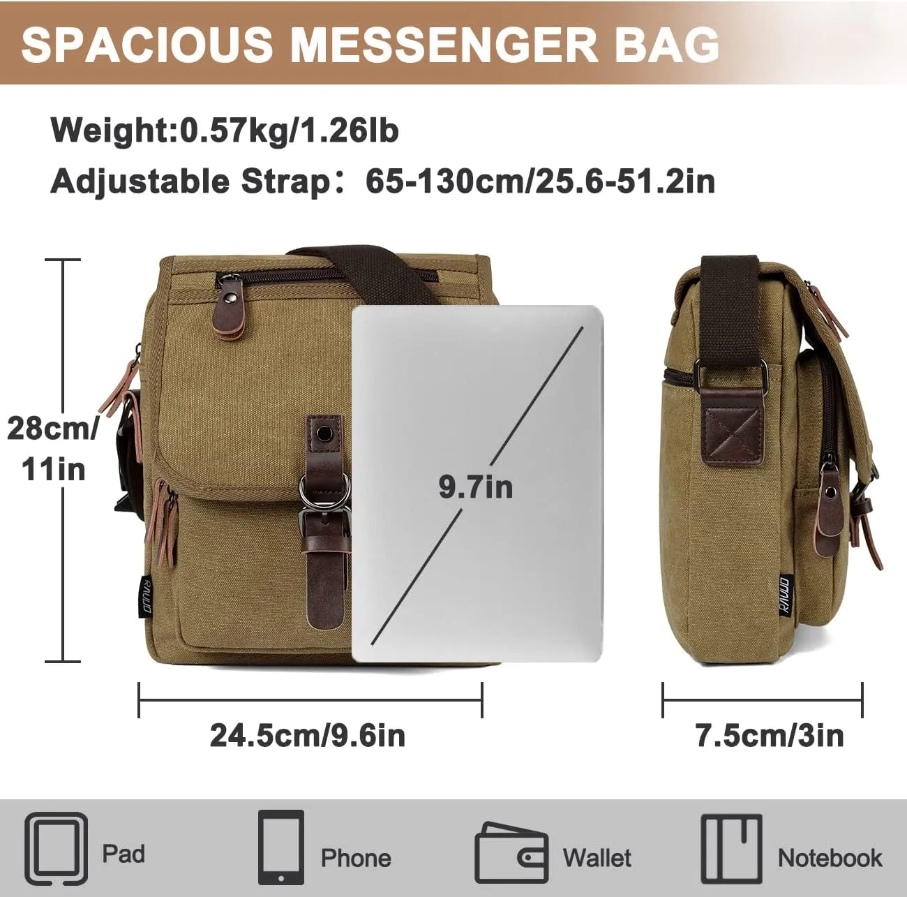 RAVUO Small Messenger Bag, Water Resistant Mens Women Canvas Shoulder Satchel Crossbody Purse for Travel Work