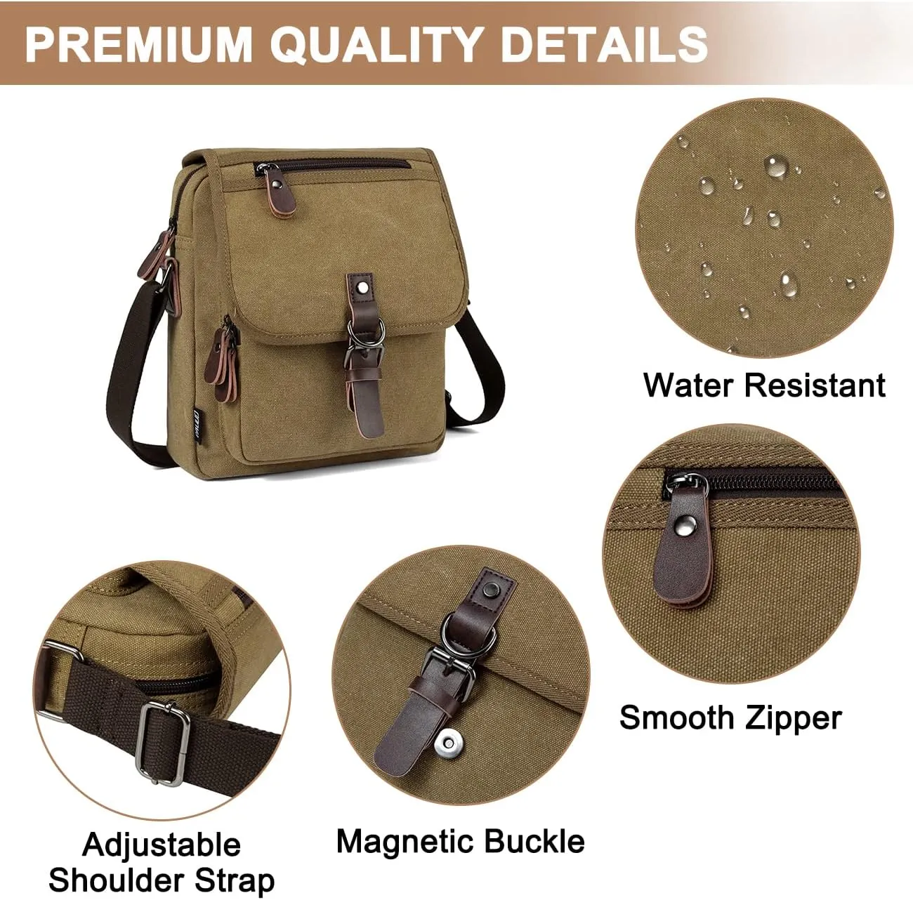 RAVUO Small Messenger Bag, Water Resistant Mens Women Canvas Shoulder Satchel Crossbody Purse for Travel Work