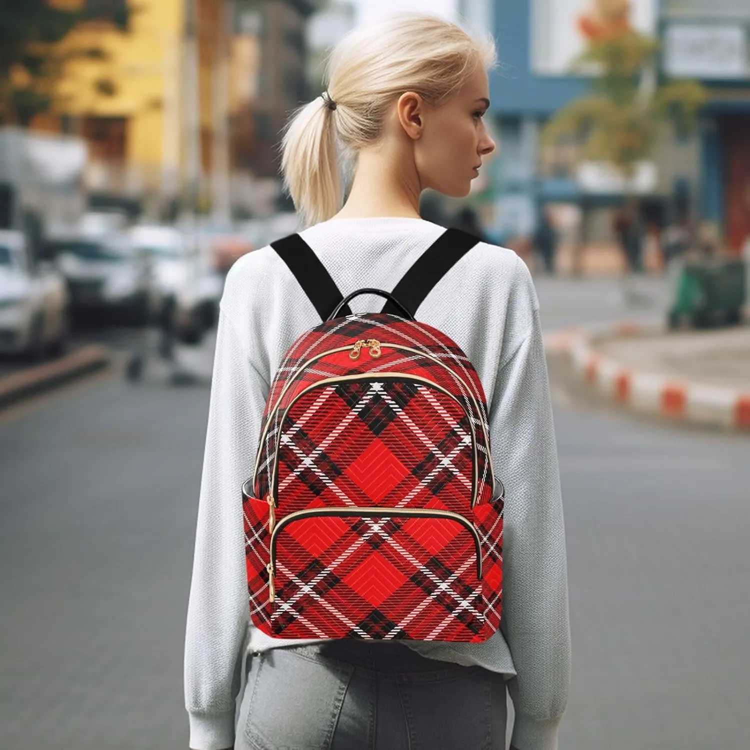 Red Black Buffalo Check Plaid Mini Backpack for Women, Travel Backpack Purse Daypack Shoulder Bag for Ladies