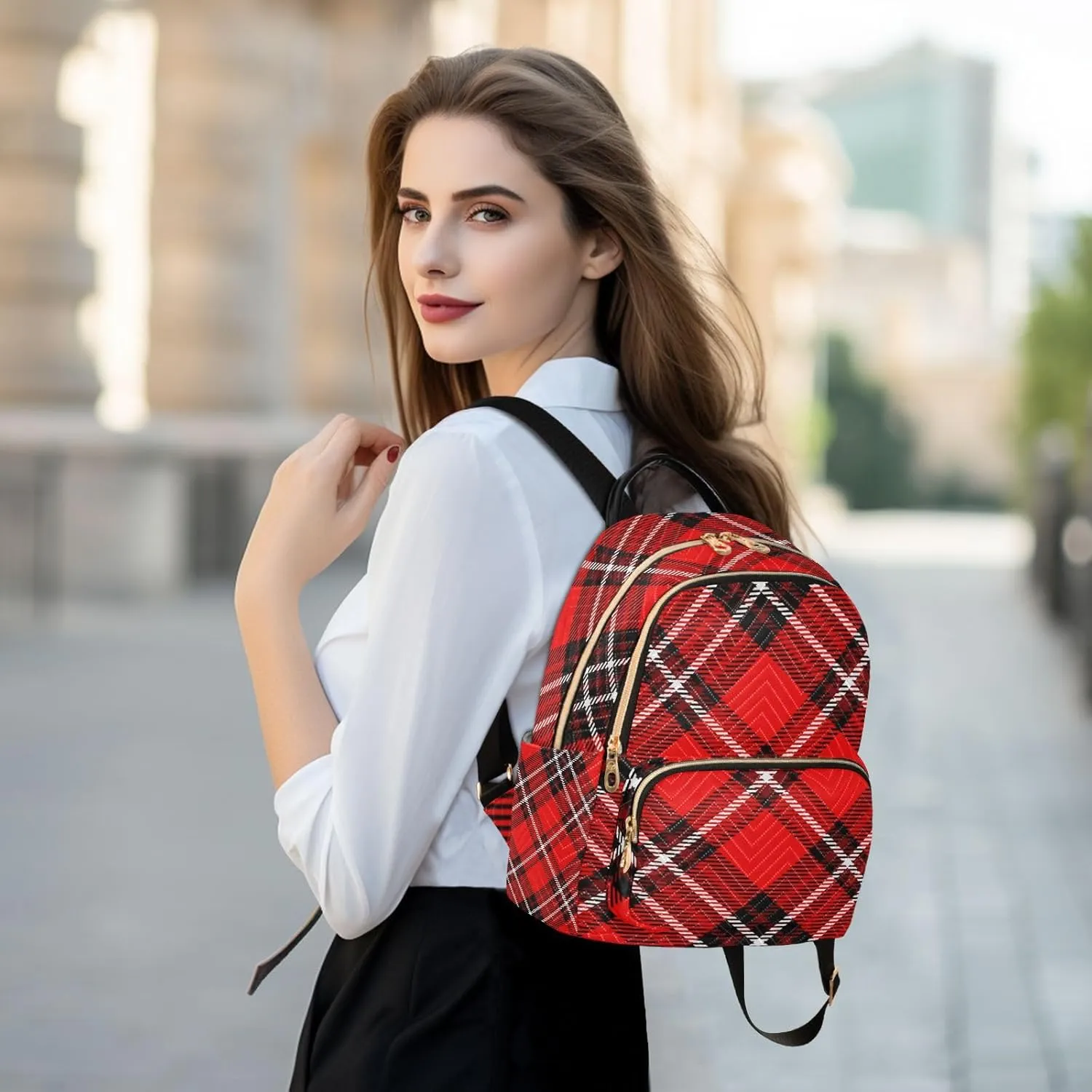 Red Black Buffalo Check Plaid Mini Backpack for Women, Travel Backpack Purse Daypack Shoulder Bag for Ladies