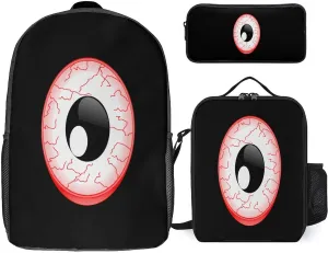 Red Eyeball 3Pcs Laptop Backpack Set 17 Inch Daypack with Lunch Bag Pencil Case Set for Travel Work