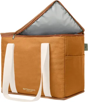 Reusable Insulated Grocery Bag - Leak Proof, X Large Insulated Cooler Bag - Insulated Shopping Bags for Groceries - Travel Cooler Bag for Frozen and Hot Food with Zippered Top (Caramel Cream)