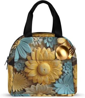 Reusable Lunch Bag for Women Lunch Tote Bags Insulated Lunch Box for Men Lunchbox Wood Carving Style Flowers Lunch Cooler Bag Leakproof Lunch Container for Work Picnic Travel