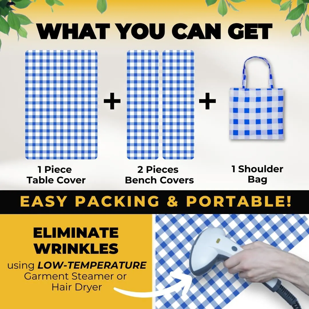 RNOONY 6ft Polyester Picnic Table Cover with Bench Covers Windproof & Waterproof Tablecloth, Perfect for Camping Gifts & RV Essentials, Cool Camping Gadgets, with Carrying Bag, 72x30 Inches, 4Pcs,Blue