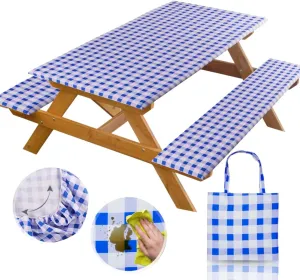 RNOONY 6ft Polyester Picnic Table Cover with Bench Covers Windproof & Waterproof Tablecloth, Perfect for Camping Gifts & RV Essentials, Cool Camping Gadgets, with Carrying Bag, 72x30 Inches, 4Pcs,Blue