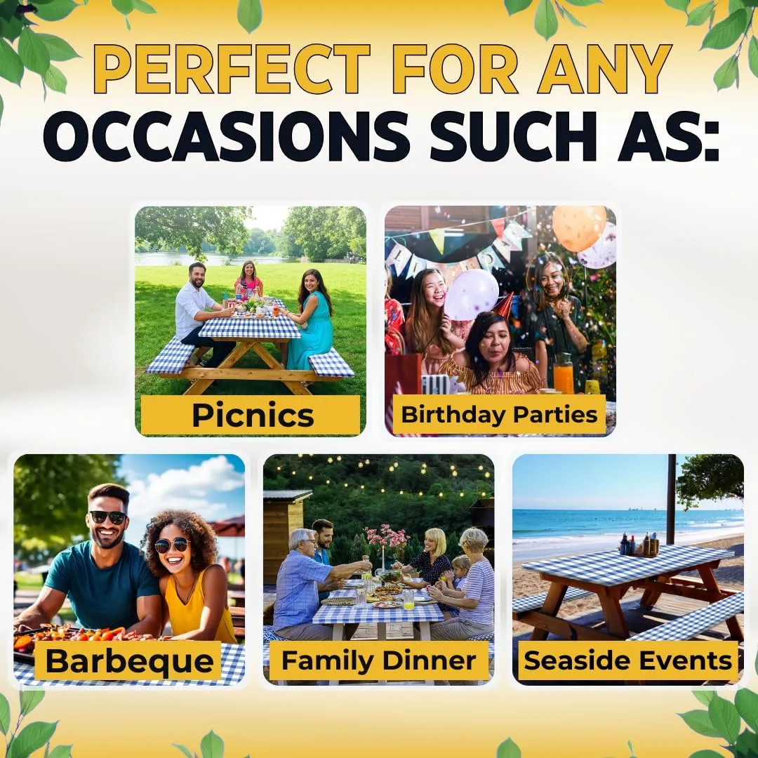 RNOONY 6ft Polyester Picnic Table Cover with Bench Covers Windproof & Waterproof Tablecloth, Perfect for Camping Gifts & RV Essentials, Cool Camping Gadgets, with Carrying Bag, 72x30 Inches, 4Pcs,Blue