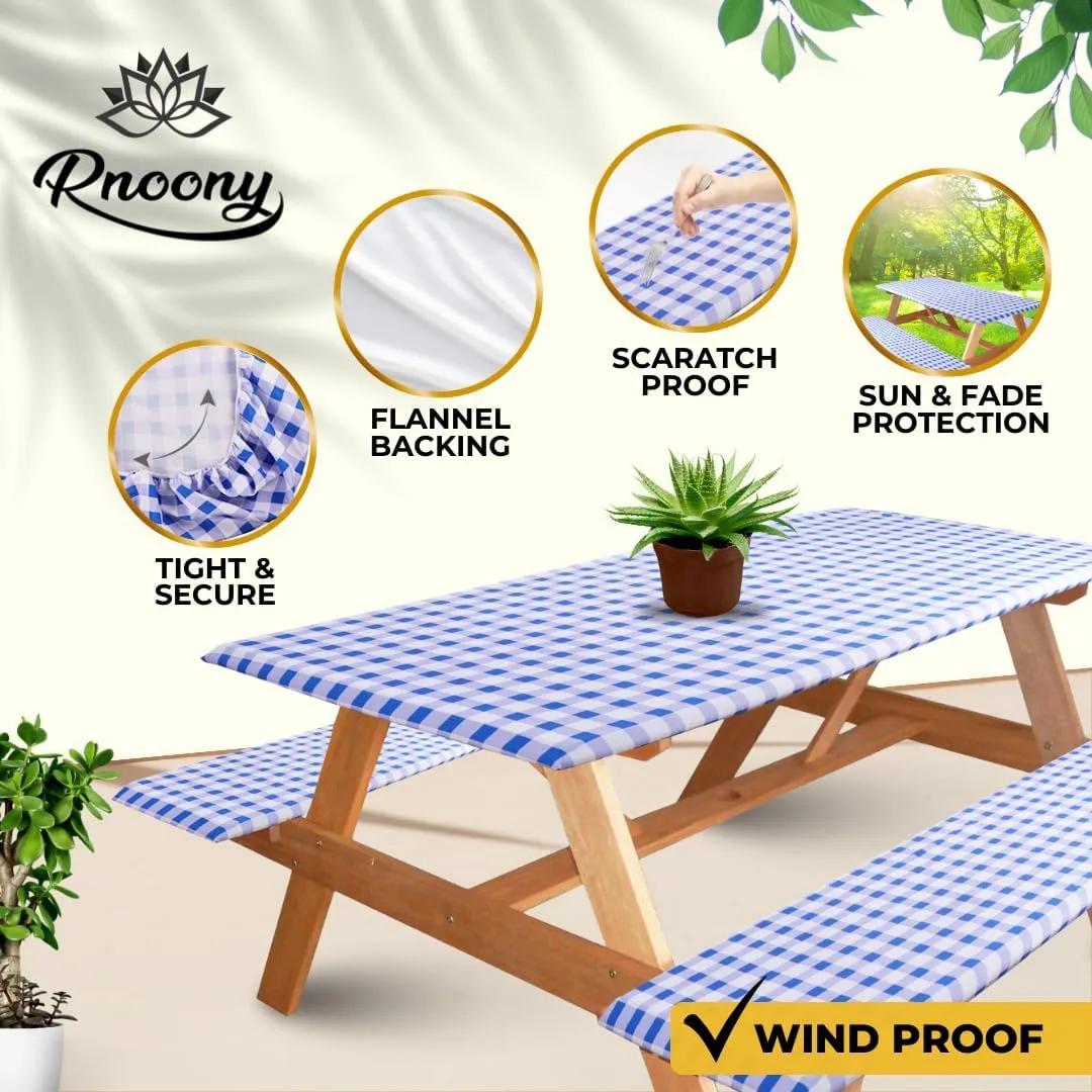 RNOONY 6ft Polyester Picnic Table Cover with Bench Covers Windproof & Waterproof Tablecloth, Perfect for Camping Gifts & RV Essentials, Cool Camping Gadgets, with Carrying Bag, 72x30 Inches, 4Pcs,Blue