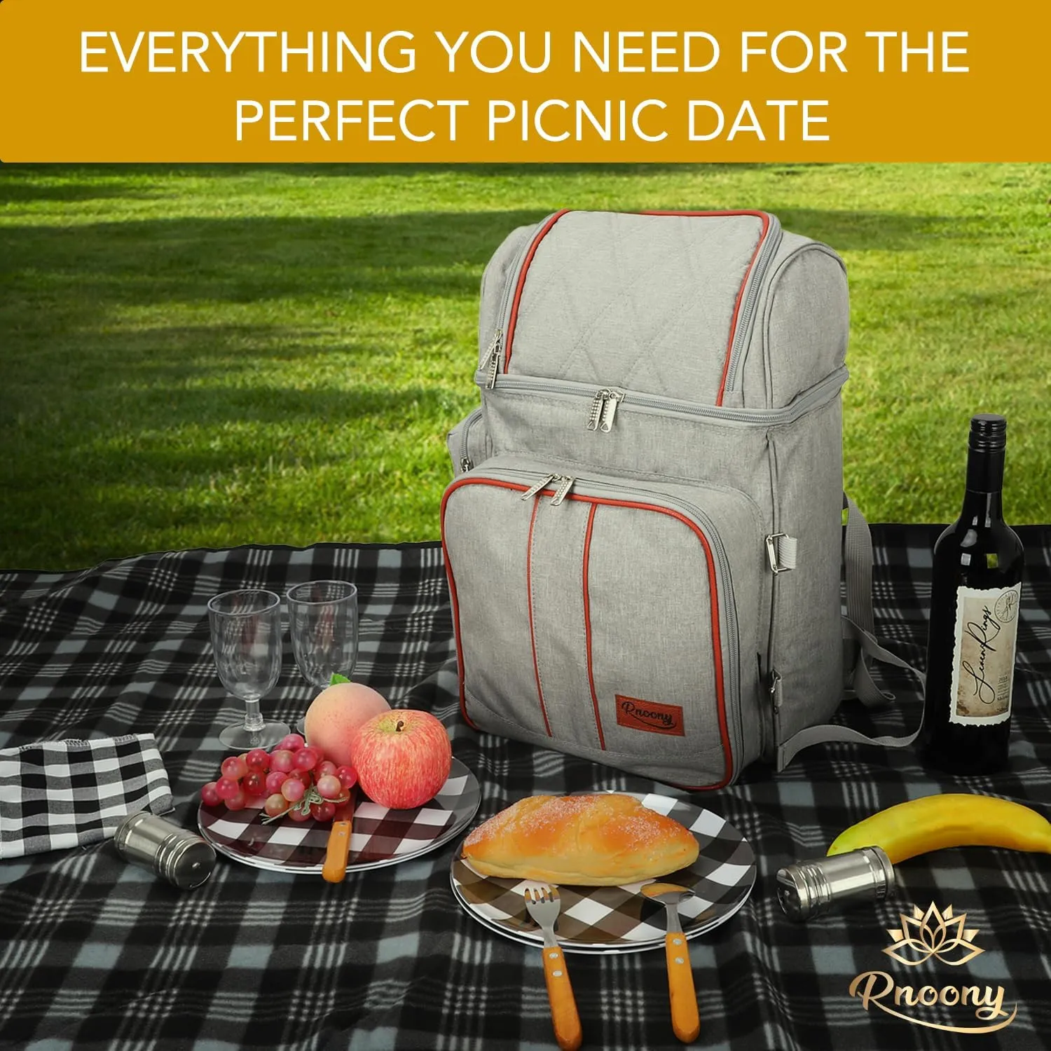 Rnoony Picnic Backpack for Camping, Picnic Basket for with Insulated Cooler Bag and Bottle Pouch,Camping Gifts for Couples with Lightweight Blanket and Cutlery Set for Family, Couple and Hiking