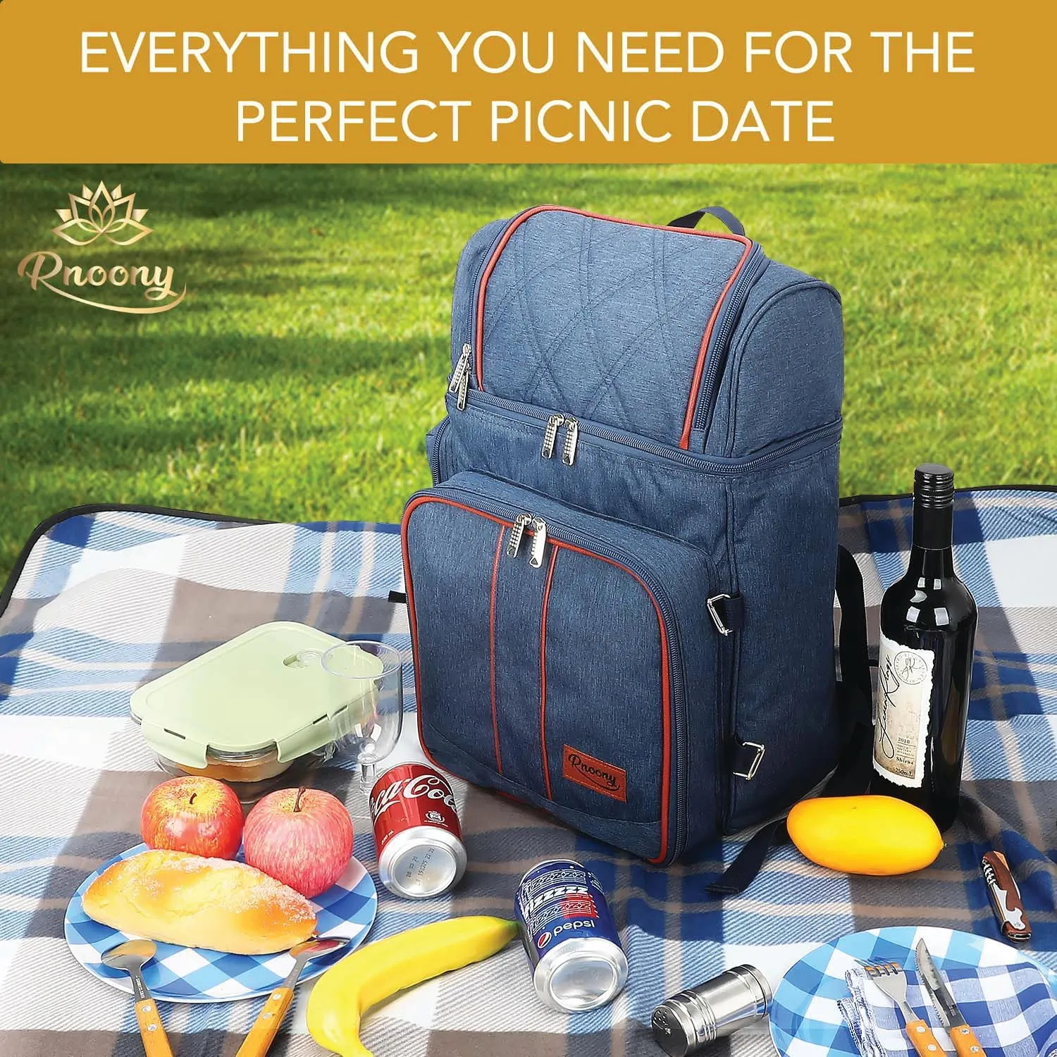 Rnoony Picnic Backpack for Camping, Picnic Basket for with Insulated Cooler Bag and Bottle Pouch,Camping Gifts for Couples with Lightweight Blanket and Cutlery Set for Family, Couple and Hiking