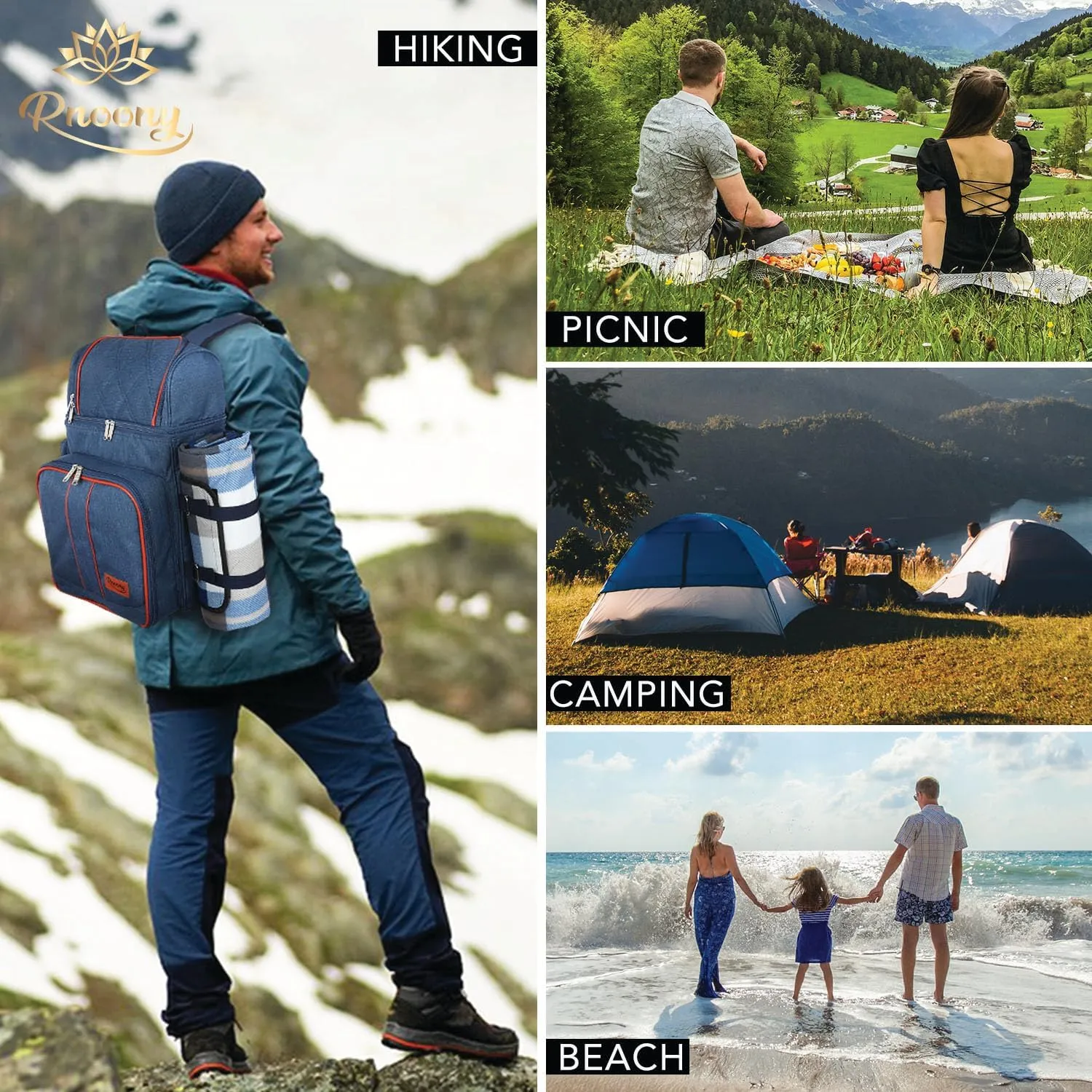 Rnoony Picnic Backpack for Camping, Picnic Basket for with Insulated Cooler Bag and Bottle Pouch,Camping Gifts for Couples with Lightweight Blanket and Cutlery Set for Family, Couple and Hiking