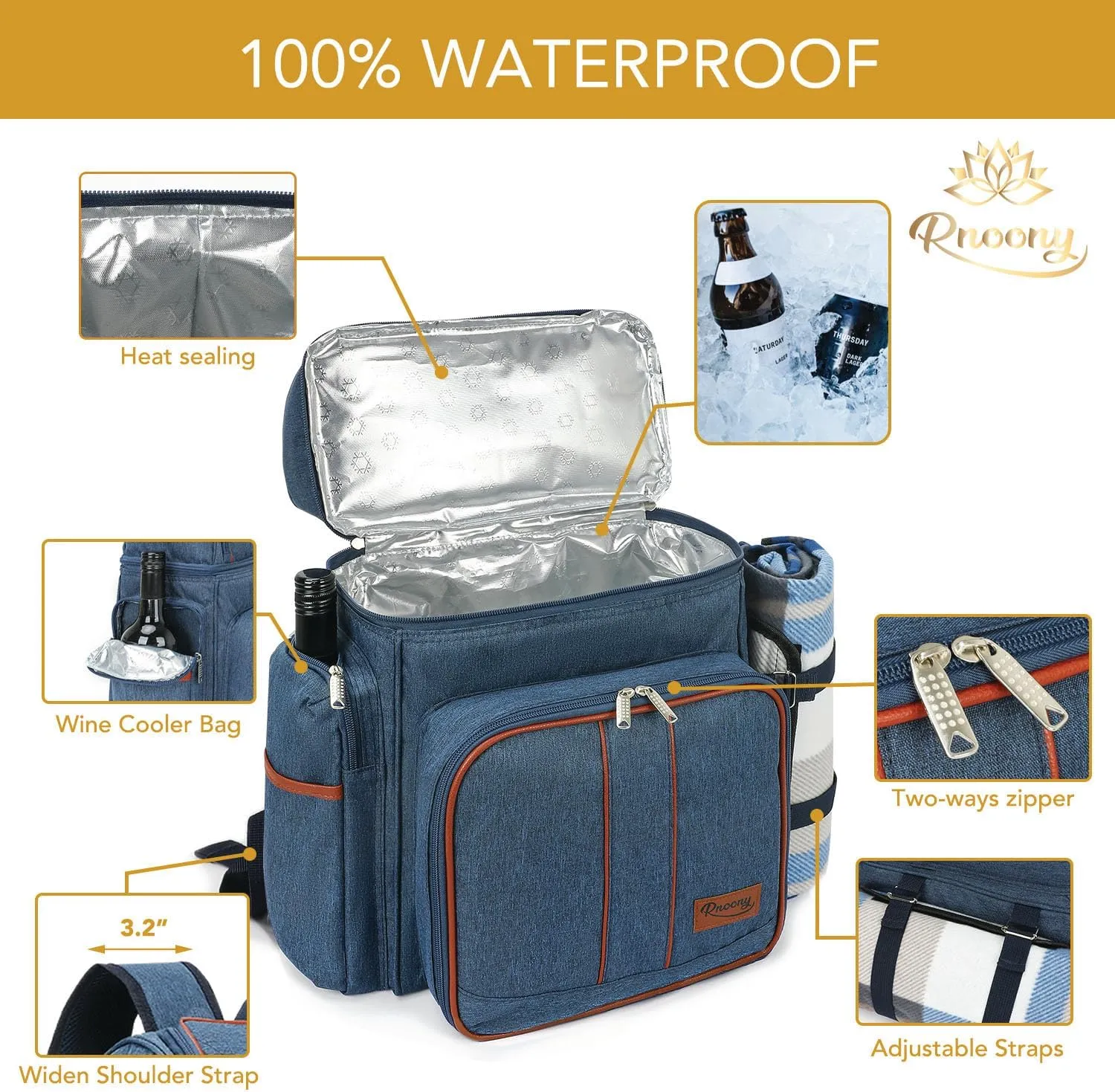 Rnoony Picnic Backpack for Camping, Picnic Basket for with Insulated Cooler Bag and Bottle Pouch,Camping Gifts for Couples with Lightweight Blanket and Cutlery Set for Family, Couple and Hiking