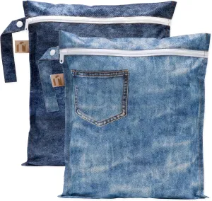 Roamio Waterproof Wet Bag for Baby, Travel, Swim Suit, Cloth Diapers, Pump Parts, Pool, Beach, Gym Clothes, Toiletry, Hook to Stroller, Daycare, Zip Reusable Wetdry Pack, 2-pk Faux Pocket Patch Denim