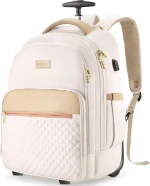 Rolling Backpack For Adults With Wheels, 40L Wheeled Backpack For Women, Travel Roller Backpacks, Carry On Luggage, Rolling Bag, Beige