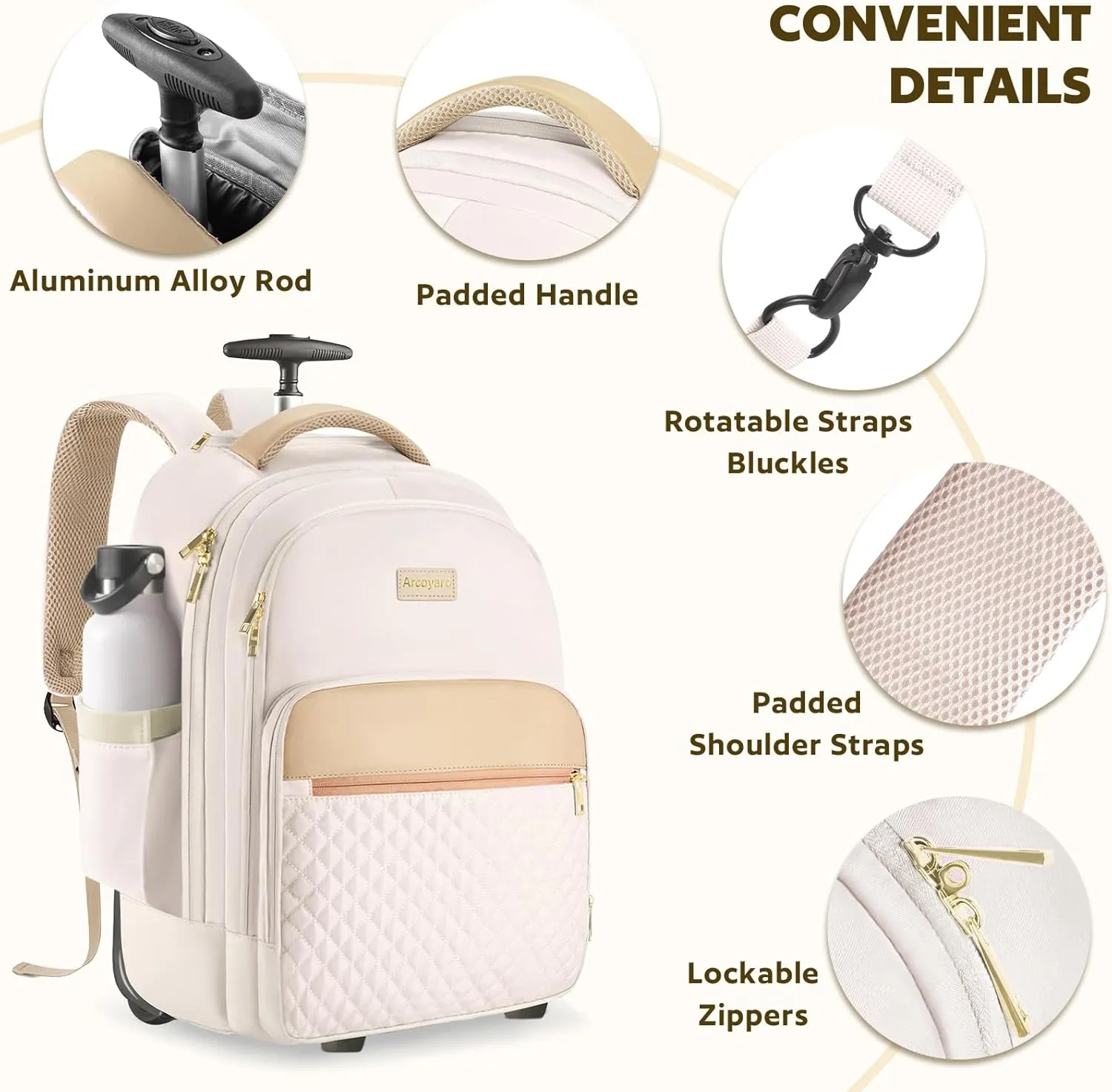 Rolling Backpack For Adults With Wheels, 40L Wheeled Backpack For Women, Travel Roller Backpacks, Carry On Luggage, Rolling Bag, Beige