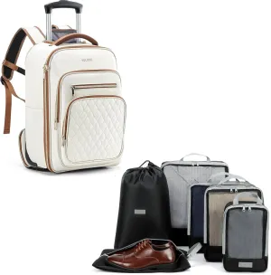Rolling Backpack for Women, 6 Set Compression Packing Cubes, Lightweight Expandable Organizer with Laundry and Shoe Bag, Carry-On Luggage for Overnight Travel College Work Coummute (Beige and Black)