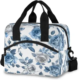 Roses Flower Blue and White Lunch Box for Men Women Adults Insulated Lunch Bag Cooler Bag with Adjustable Shoulder Strap for Work Picnic Travel