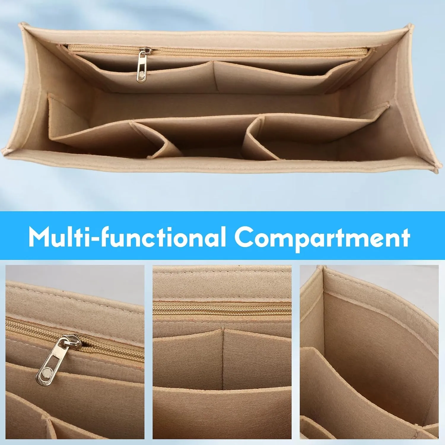 Rubber Beach Bag Organizer Compatible with Bogg Bag Tote & Simply Southern Tote,Felt Bag Organizer,Insert Divider Pouch Zipper for Bags,7 Pocekets,Beige - Small