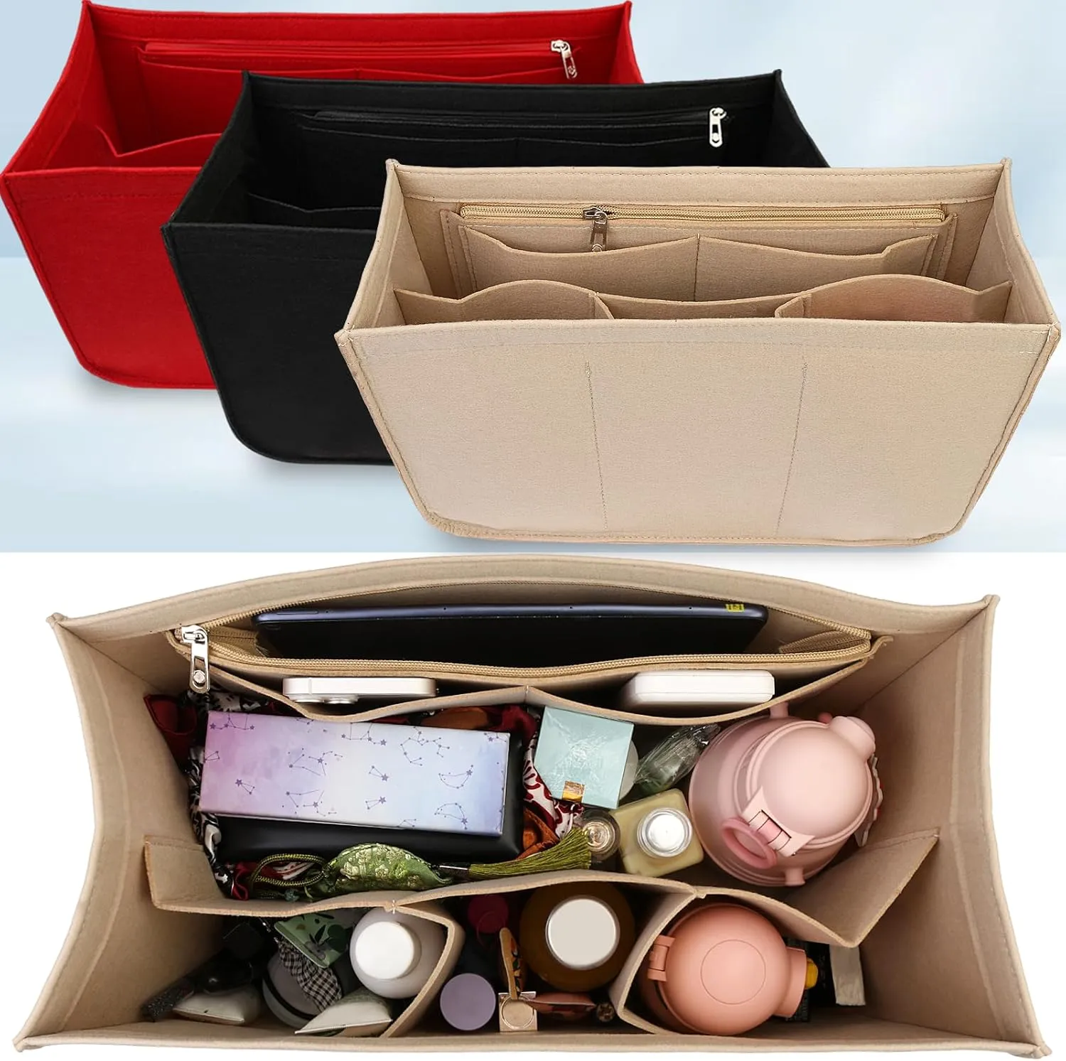Rubber Beach Bag Organizer Compatible with Bogg Bag Tote & Simply Southern Tote,Felt Bag Organizer,Insert Divider Pouch Zipper for Bags,7 Pocekets,Beige - Small