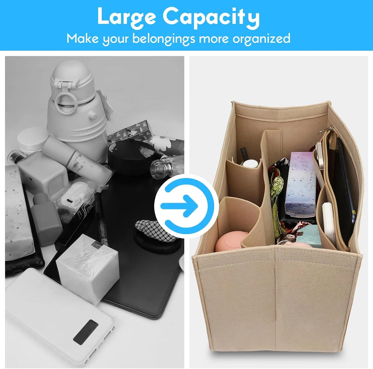 Rubber Beach Bag Organizer Compatible with Bogg Bag Tote & Simply Southern Tote,Felt Bag Organizer,Insert Divider Pouch Zipper for Bags,7 Pocekets,Beige - Small