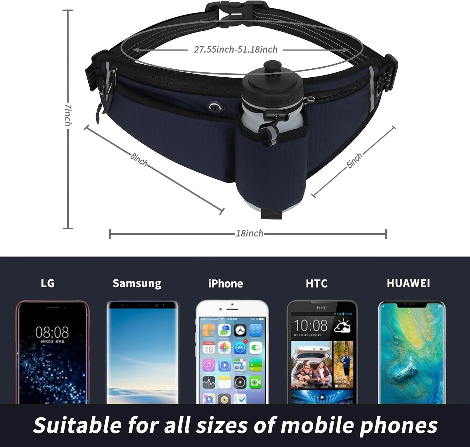 Running Waist Pack,Adjustable Hydration Running Belt Bag with Foldable Water Bottle Holder(Bottles NOT Included),Water Resistant Pouch Pack,for Marathon,Jogging, Cycling,Biking,Hiking (deep blue)
