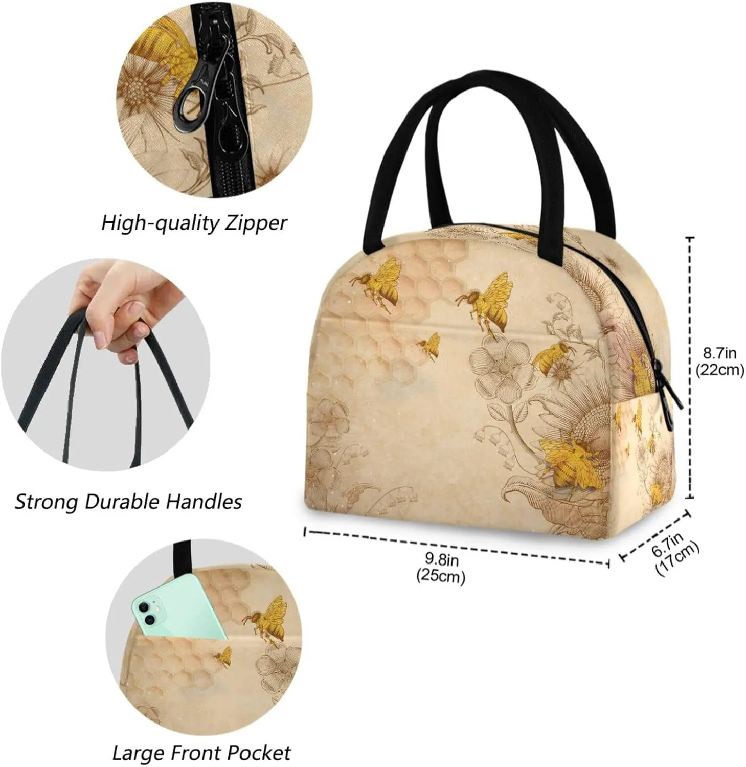 Rural Honey Bees Wildflowers Reusable Lunch Tote Bag, Insulated Water-resistant Thermal Cooler Bag for Man Women Picnic Boating Beach Fishing Work