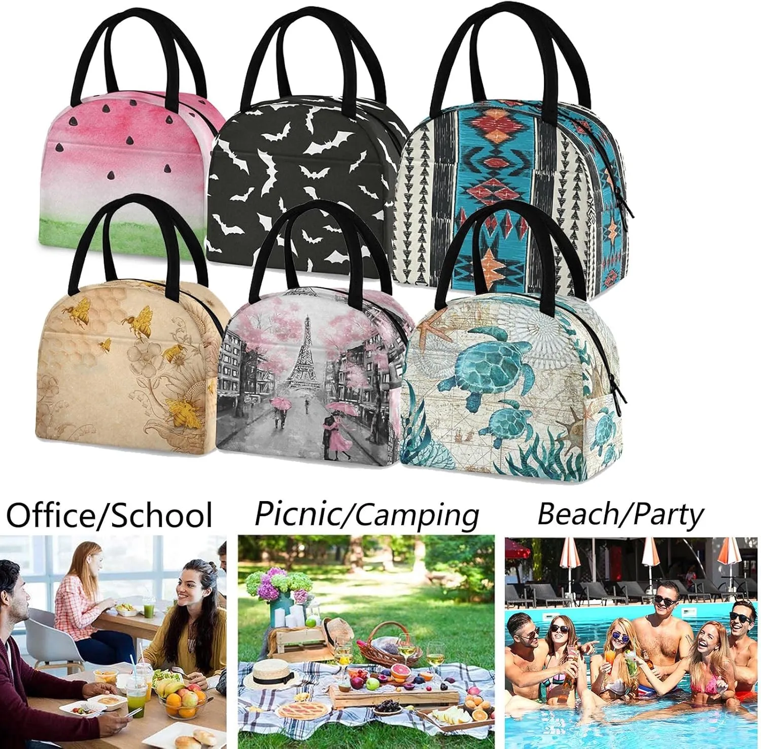 Rural Honey Bees Wildflowers Reusable Lunch Tote Bag, Insulated Water-resistant Thermal Cooler Bag for Man Women Picnic Boating Beach Fishing Work