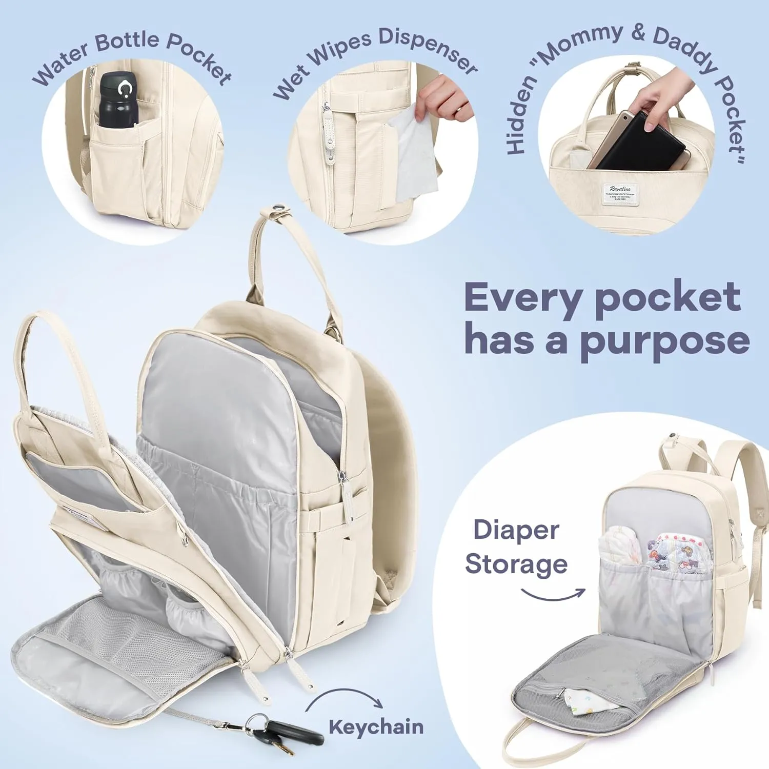 RUVALINO Diaper Bag Backpack-Multifunction Baby Travel Bag with Changing pad, Insulated Bottle Holders & Pacifier Case, Large Capacity, Waterproof, Beige